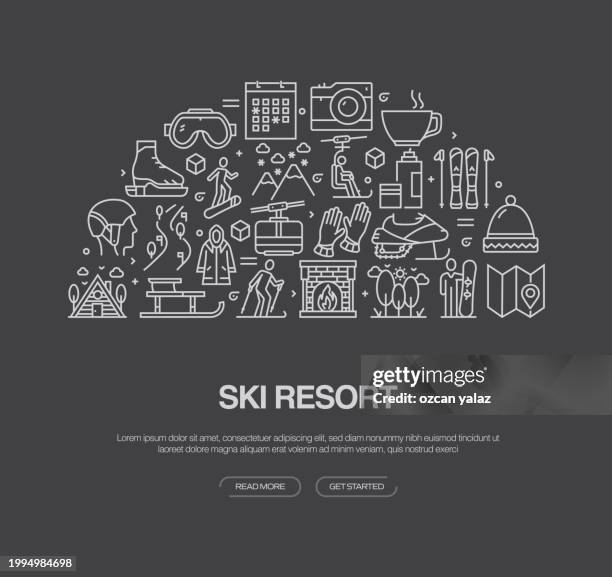 ski resort related vector banner design concept. global multi-sphere ready-to-use template. web banner, website header, magazine, mobile application etc. modern design. - avalanche stock illustrations