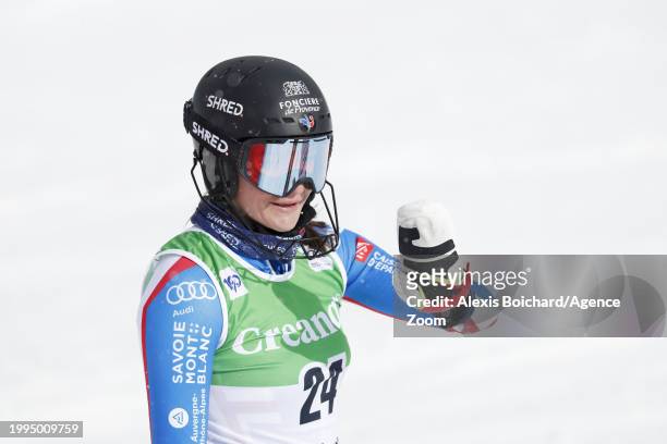 Chiara Pogneaux of Team France reacts during the Audi FIS Alpine Ski World Cup Women's Slalom on February 11, 2024 in Soldeu, Andorra.