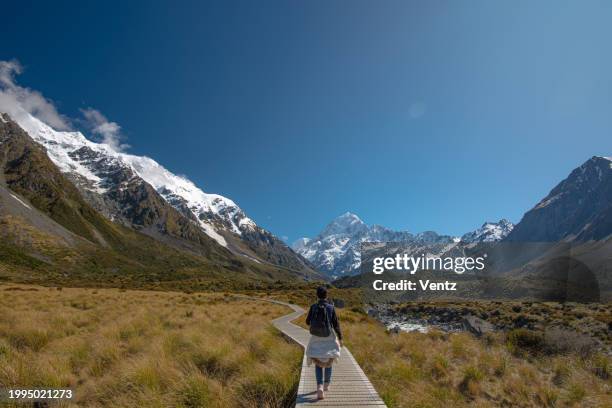 junge dame erkundet berühmte touristenattraktion - nationalpark mount cook stock-fotos und bilder