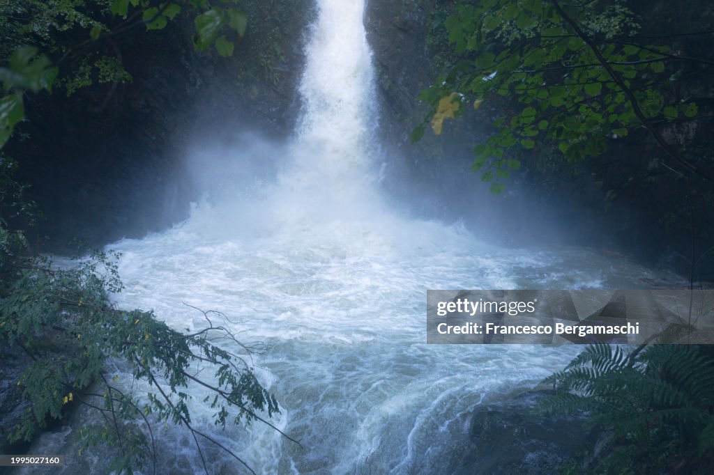 Wild waterfall in the Antognasco river gorge. Valmalenco, Valtellina, Lombardy, Italy, Europe.