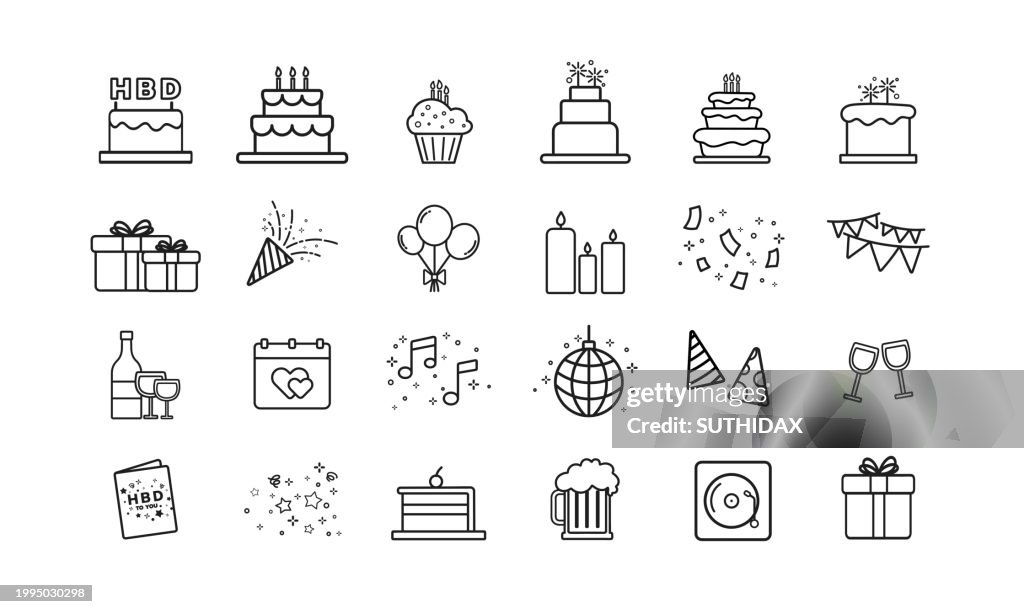 Buon compleanno icona linea Illustrazione in bianco e nero del tema