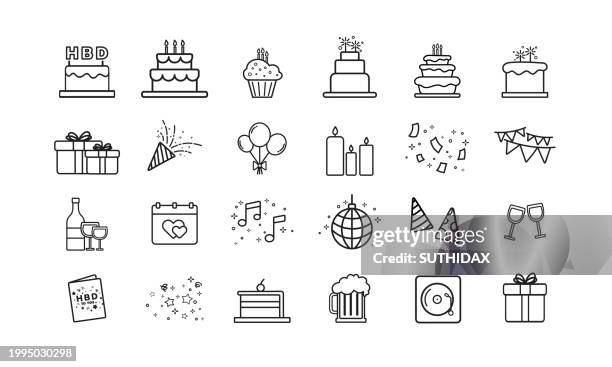 happy birthday icon line black and white theme illustration - birthday candles stock illustrations