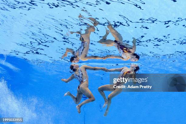 Kate Shortman and Isabelle Thorpe of Team Great Britain compete in the Women's Duet Free Final on day seven of the Doha 2024 World Aquatics...