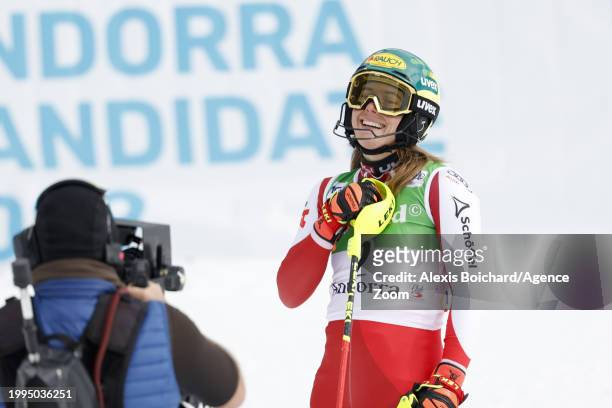 Katharina Liensberger of Team Austria reacts during the Audi FIS Alpine Ski World Cup Women's Slalom on February 11, 2024 in Soldeu, Andorra.