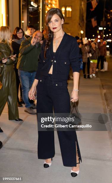 Actress Katie Holmes is seen arriving to the CHANEL Dinner to celebrate the Watches & Fine Jewelry Fifth Avenue Flagship Boutique Opening on February...