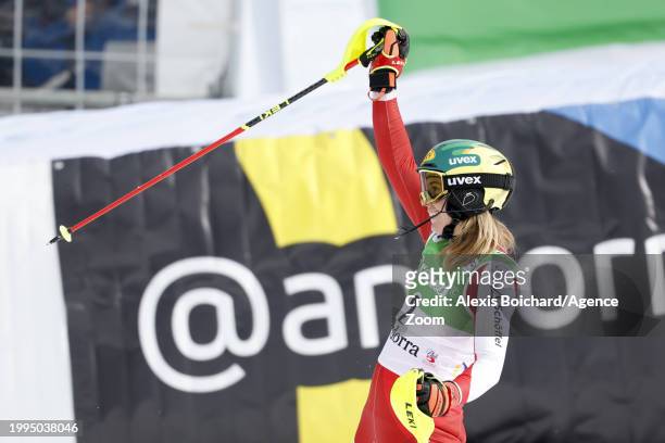 Katharina Liensberger of Team Austria reacts during the Audi FIS Alpine Ski World Cup Women's Slalom on February 11, 2024 in Soldeu, Andorra.