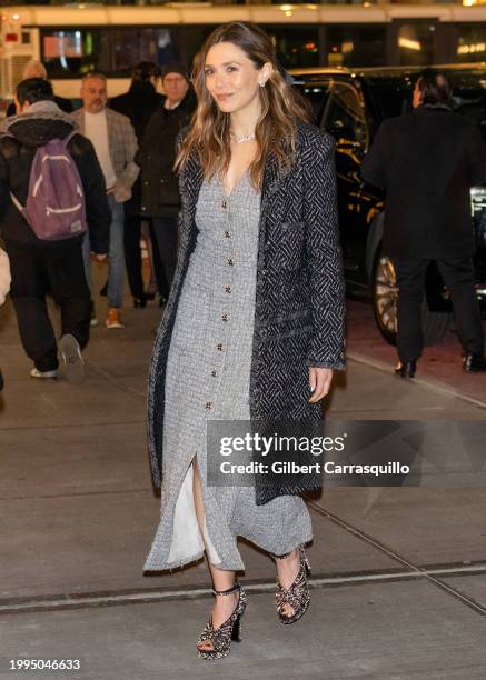 Actress Elizabeth Olsen is seen arriving to the CHANEL Dinner to celebrate the Watches & Fine Jewelry Fifth Avenue Flagship Boutique Opening on...