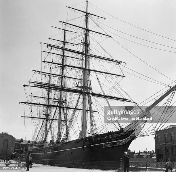 The clipper ship Cutty Sark at Greenwich during the final stages of its restoration, London, June 24th 1957. The Cutty Sark received its first...