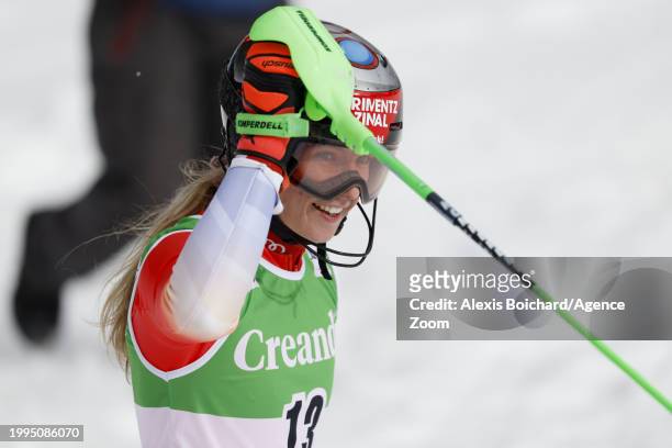 Camille Rast of Team Switzerland reacts during the Audi FIS Alpine Ski World Cup Women's Slalom on February 11, 2024 in Soldeu, Andorra.