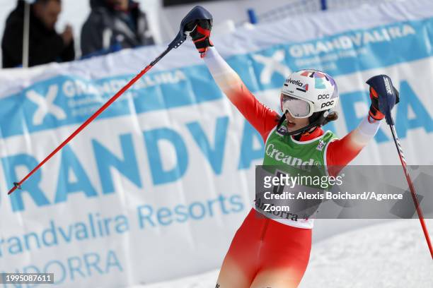 Michelle Gisin of Team Switzerland celebrates during the Audi FIS Alpine Ski World Cup Women's Slalom on February 11, 2024 in Soldeu, Andorra.
