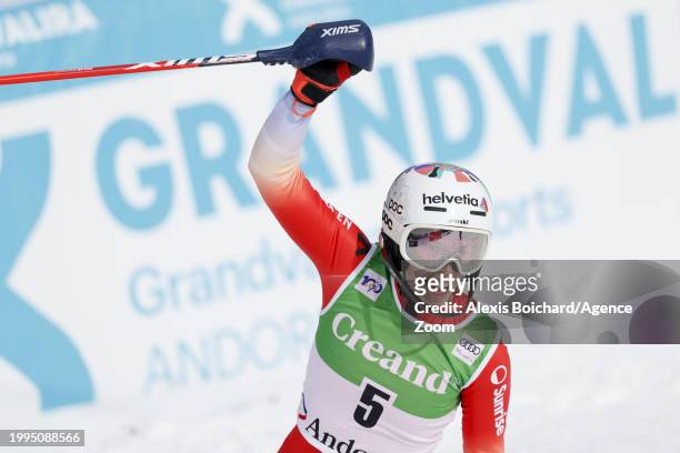 Michelle Gisin of Team Switzerland celebrates during the Audi FIS Alpine Ski World Cup Women's Slalom on February 11, 2024 in Soldeu, Andorra.
