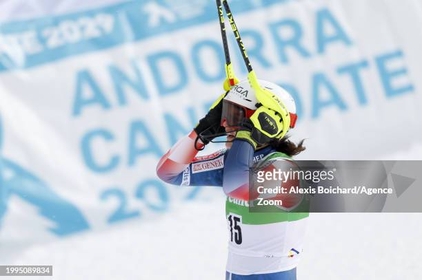Zrinka Ljutic of Team Croatia celebrates during the Audi FIS Alpine Ski World Cup Women's Slalom on February 11, 2024 in Soldeu, Andorra.