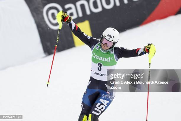 Paula Moltzan of Team United States celebrates during the Audi FIS Alpine Ski World Cup Women's Slalom on February 11, 2024 in Soldeu, Andorra.
