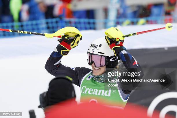 Paula Moltzan of Team United States celebrates during the Audi FIS Alpine Ski World Cup Women's Slalom on February 11, 2024 in Soldeu, Andorra.