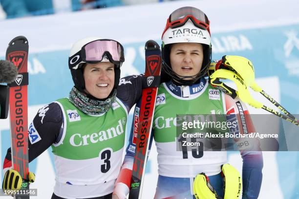 Paula Moltzan of Team United States, Zrinka Ljutic of Team Croatia during the Audi FIS Alpine Ski World Cup Women's Slalom on February 11, 2024 in...
