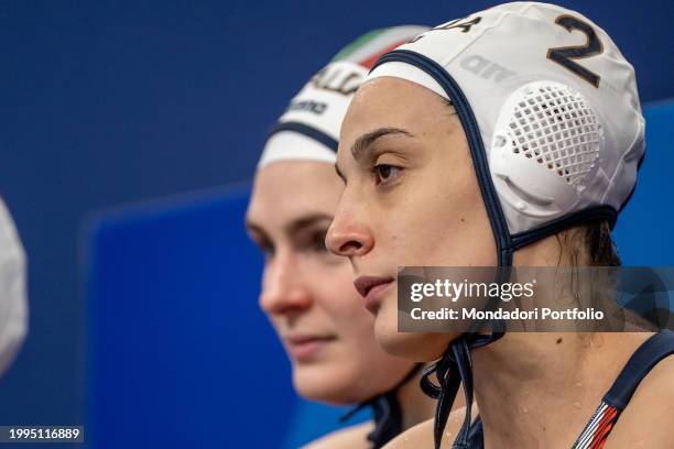 Chiara Tabani of Italy watches the water polo women match between Canada and Italy during the 21st World Aquatics Championships at the Aspire Dome in...