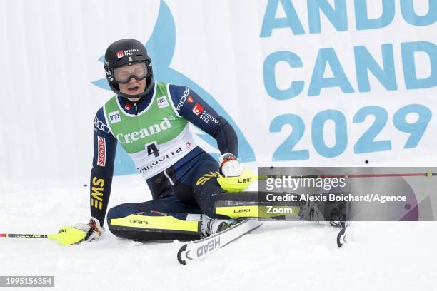 Anna Swenn Larsson of Team Sweden celebrates during the Audi FIS Alpine Ski World Cup Women's Slalom on February 11, 2024 in Soldeu, Andorra.