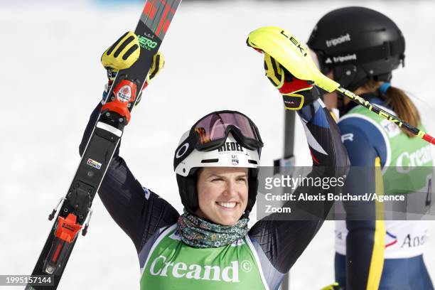 Paula Moltzan of Team United States takes 3rd place during the Audi FIS Alpine Ski World Cup Women's Slalom on February 11, 2024 in Soldeu, Andorra.