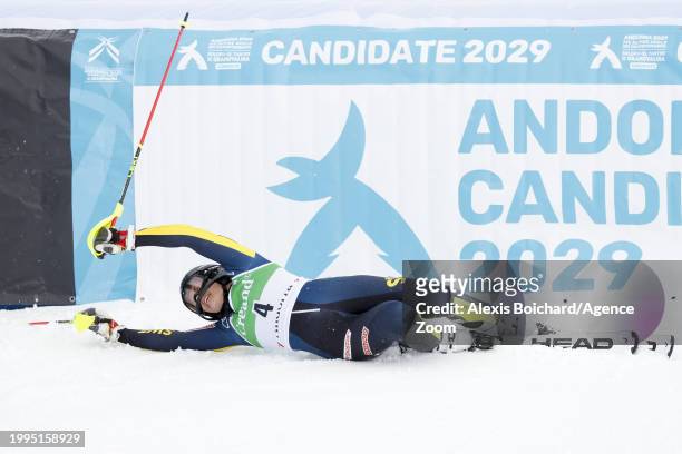 Anna Swenn Larsson of Team Sweden celebrates during the Audi FIS Alpine Ski World Cup Women's Slalom on February 11, 2024 in Soldeu, Andorra.