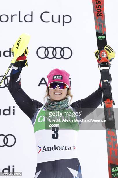 Paula Moltzan of Team United States takes 3rd place during the Audi FIS Alpine Ski World Cup Women's Slalom on February 11, 2024 in Soldeu, Andorra.