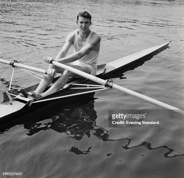 Australian rower Stuart Mackenzie in his single scull boat during the Henley Royal Regatta, Henley-on-Thames, July 17th 1957.
