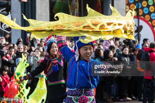 Dragon dancers perform during a parade in celebration of Chinese New Year and the arrival of the Year of the Dragon in London, United Kingdom on...