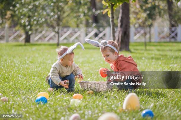 easter tradition of searching eggs in grass. children easter egg hunters with baskets and hare ears. - easter egg hunt stock pictures, royalty-free photos & images