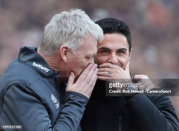 West Ham United manager David Moyes and Arsenal manager Mikel Arteta prior to kick-off during the Premier League match between West Ham United and...