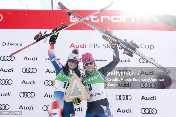Zrinka Ljutic of Team Croatia takes 2nd place, Paula Moltzan of Team United States takes 3rd place during the Audi FIS Alpine Ski World Cup Women's...