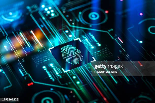 digital security and authentication background. fingerprint biometric scanner on futuristic screen technology background. - beveiligingssysteem stockfoto's en -beelden