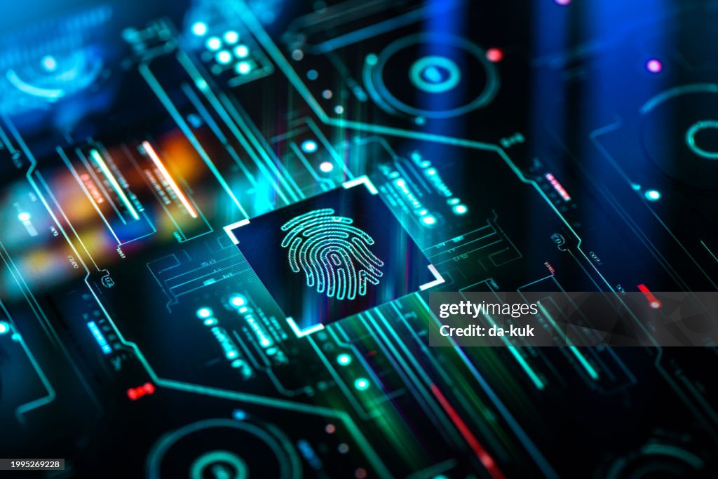 Digital security and authentication background. Fingerprint biometric scanner on futuristic screen technology background.