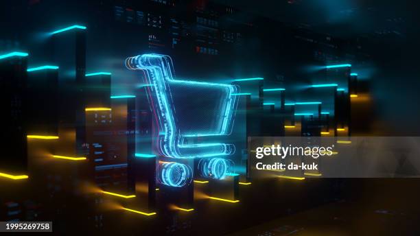 digital cart icon on future tech background. online shopping evolution. futuristic shopping cart icon and abstract chart in world of technological progress and innovation. cgi 3d render - shopping cart stock pictures, royalty-free photos & images