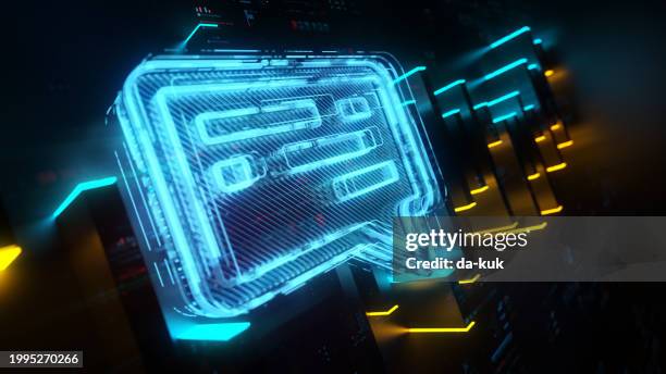digital on-line chat icon on future tech background. chat support evolution. futuristic chat icon and digital chart in world of technological progress and innovation. cgi 3d render - speech recognition stock pictures, royalty-free photos & images