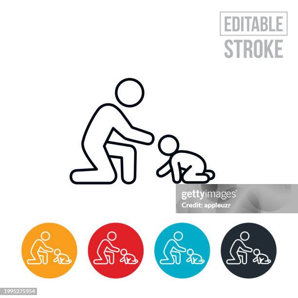 mother kneeling down to pick up crawling child thin line icon - editable stroke - crawling icon stock illustrations