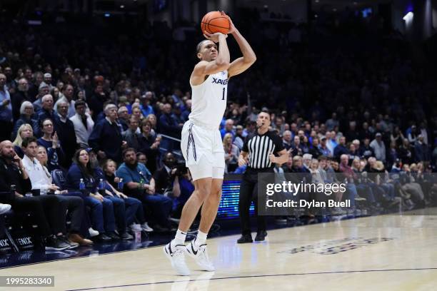 Desmond Claude of the Xavier Musketeers attempts a shot in the first half against the Villanova Wildcats at the Cintas Center on February 07, 2024 in...