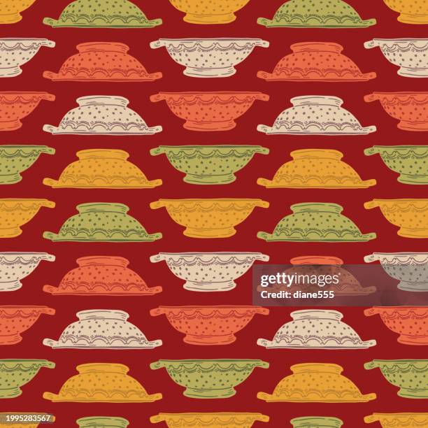 vintage colander doodle seamless pattern - colander stock illustrations