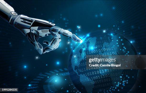 illustrazioni stock, clip art, cartoni animati e icone di tendenza di mano robotica che tocca il globo virtuale - planisfero fisico