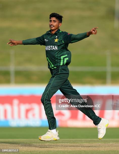 Ali Raza of Pakistan celebrates the wicket of Tom Straker of Australia during the ICC U19 Men's Cricket World Cup South Africa 2024 Semi-Final match...