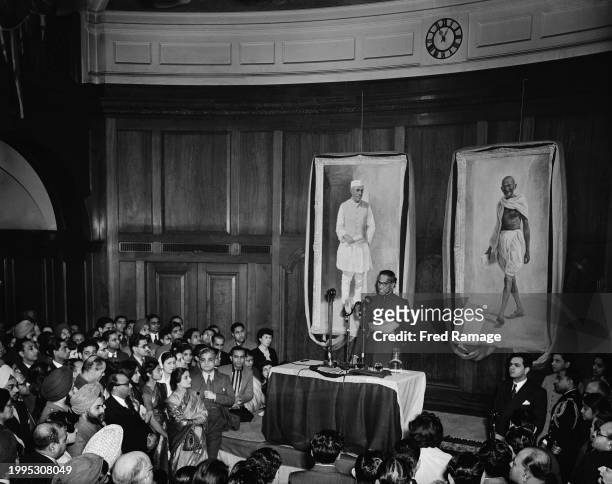 Indian academic, politician, and statesman V K Krishna Menon , Indian High Commissioner to the United Kingdom, giving a speech during a ceremony to...