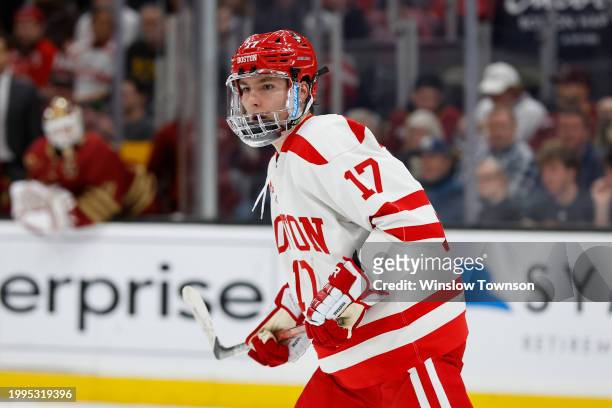 Quinn Hutson of the Boston University Terriers during the second period of the semifinals of the Beanpot Tournament against the Boston College Eagles...