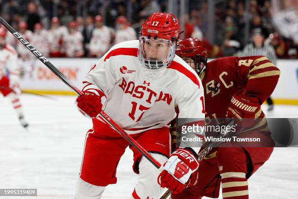 Quinn Hutson of the Boston University Terriers during the first period of the semifinals of the Beanpot Tournament against the Boston College Eagles...
