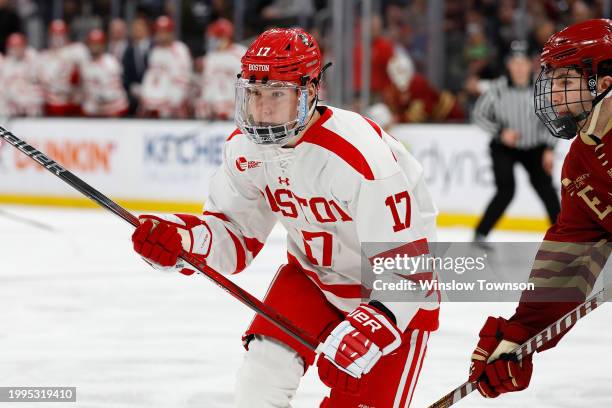 Quinn Hutson of the Boston University Terriers during the first period of the semifinals of the Beanpot Tournament against the Boston College Eagles...