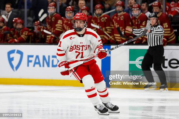 Macklin Celebrini of the Boston University Terriers during the first period of the semifinals of the Beanpot Tournament against the Boston College...