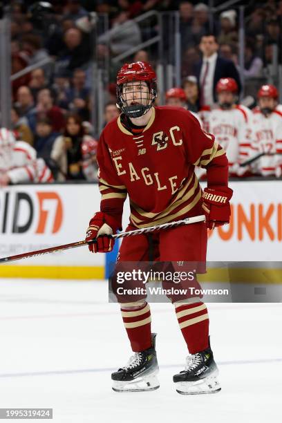 Eamon Powell of the Boston College Eagles during the first period of the semifinals of the Beanpot Tournament against the Boston University Terriers...