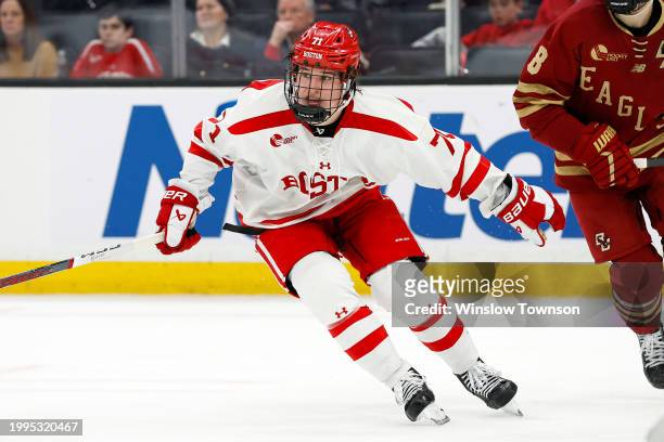 Macklin Celebrini of the Boston University Terriers during the first period of the semifinals of the Beanpot Tournament against the Boston College...