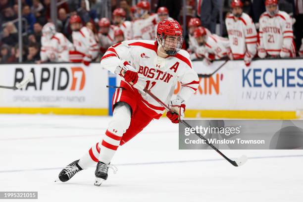 Luke Tuch of the Boston University Terriers during the first period of the semifinals of the Beanpot Tournament against the Boston College Eagles at...