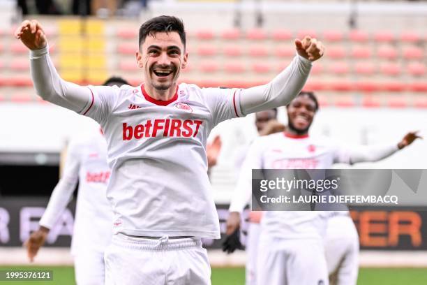 Antwerp's Jelle Bataille celebrates after winning a soccer match between RWD Molenbeek and Royal Antwerp FC, Sunday 11 February 2024 in Brussels, on...