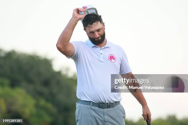 Captain Jon Rahm of Legion XIII gestures during day three of the LIV Golf Invitational - Mayakoba at El Camaleon at Mayakoba on February 04, 2024 in...