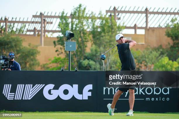 Captain Brooks Koepka of Smash GC plays his shot from the eighteenth tee during day three of the LIV Golf Invitational - Mayakoba at El Camaleon at...