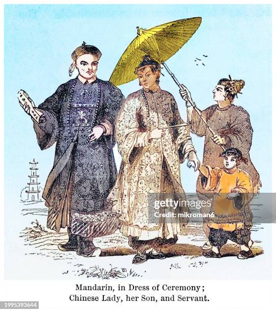 old engraved illustration of chinese culture, chinese mandarin in dress of ceremony, chinese lady with her son and servant - servant stock pictures, royalty-free photos & images